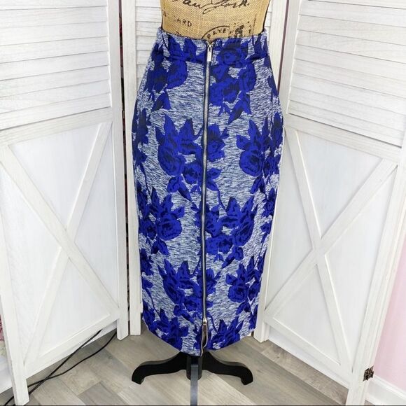 New York & Co Gabrielle Union Pencil Skirt Floral Jacquard Blue 4 Full Zip Back - Picture 7 of 14